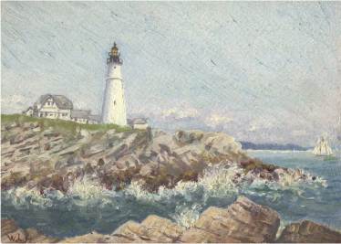 Painting of a lighthouse on the shore